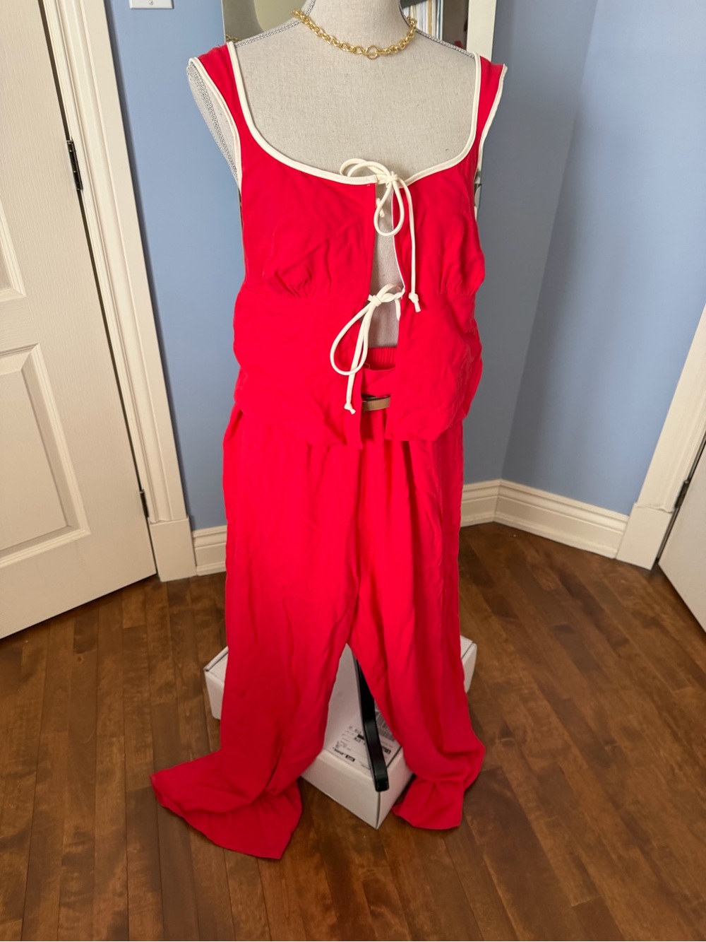 Before donating, NWT 2 pieces Red Tie-Front Top and Pants with Contrast Trim